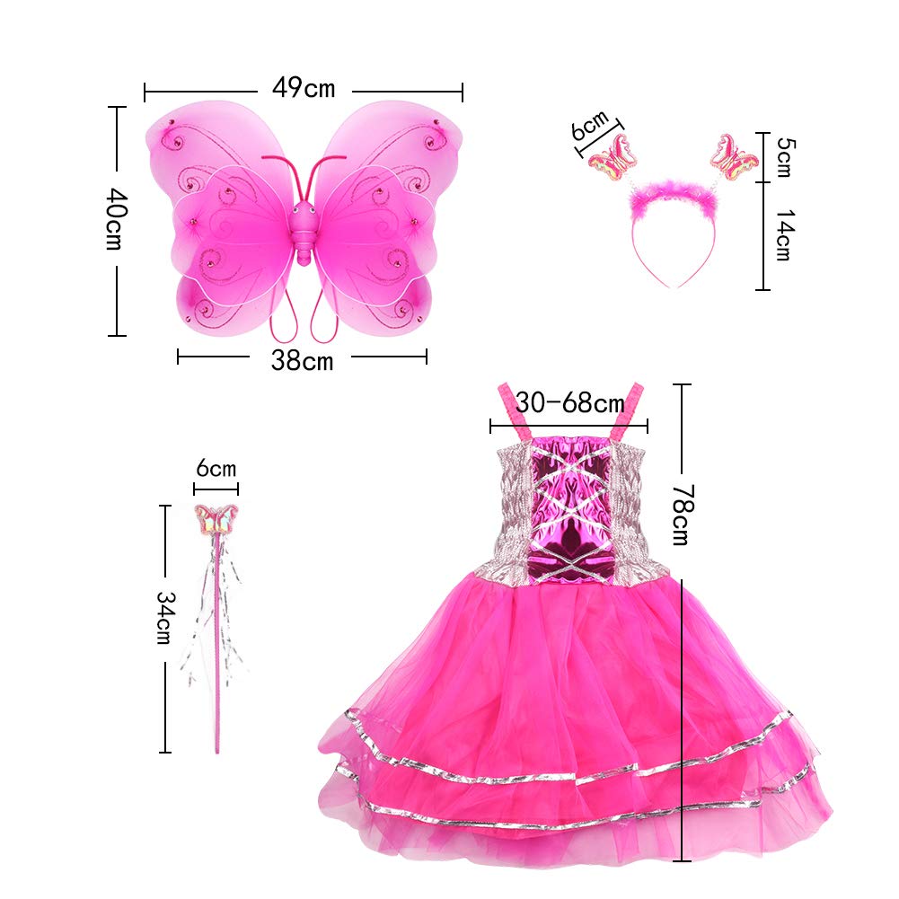 VOWOV Halloween Girls Dress Up Princess Fairy Costume Set with Dress, Wings, Wand and Headband for Children Ages 3-10