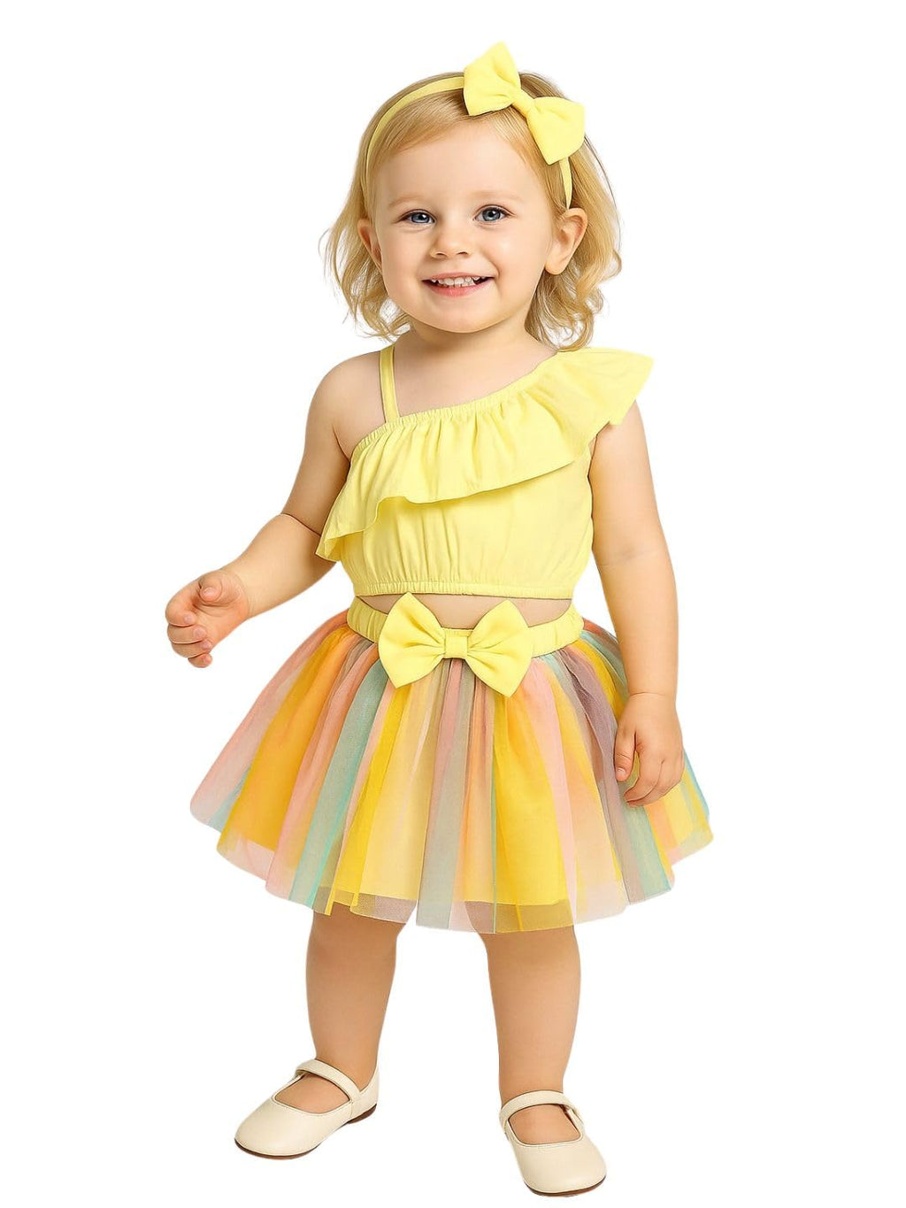 A.T.U.N. (ALL THINGS UBER NICE) Baby Girls One Shoulder Crop Top with Printed Skirt & Matching Headband | 3 Piece Outfit Set