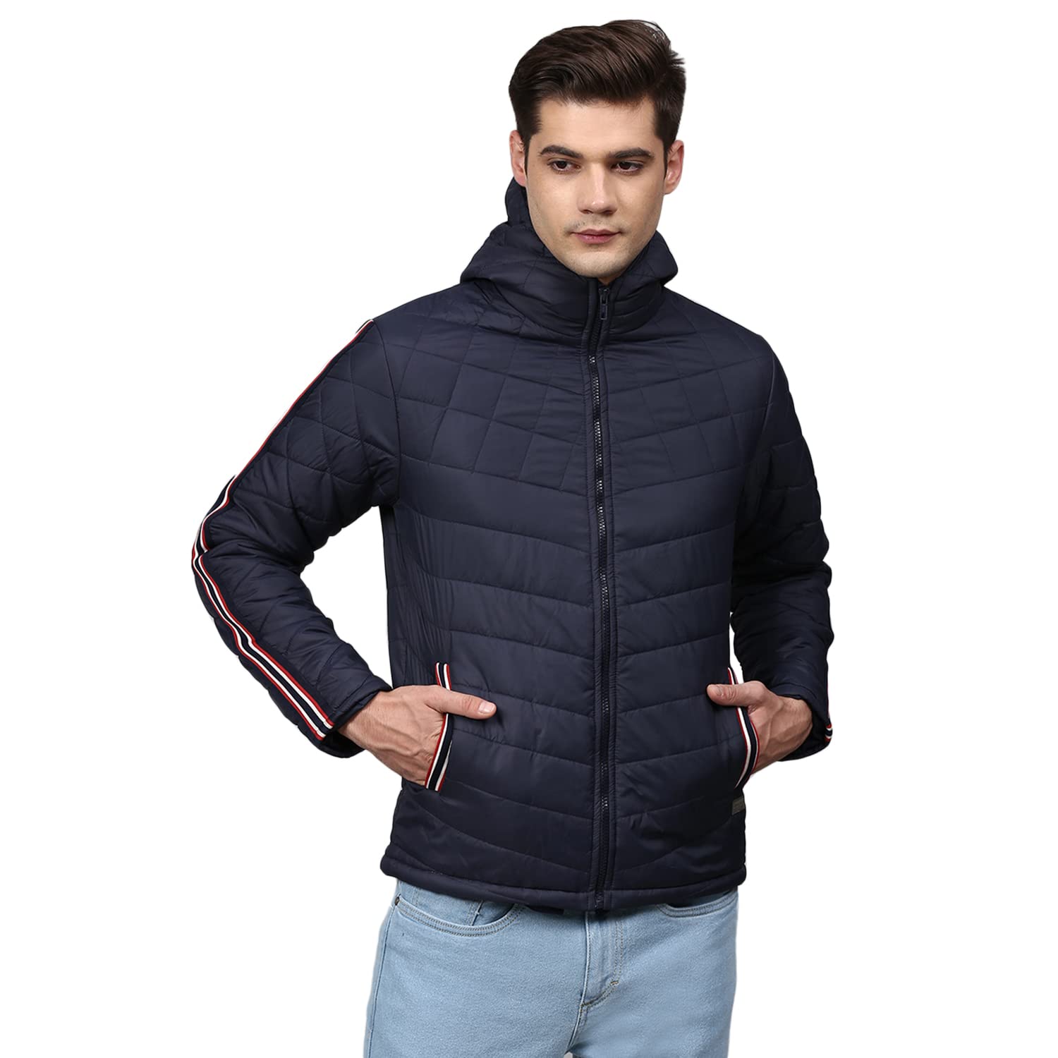 Campus Sutra Men Navy Blue Solid Windcheater Padded Jacket with Side Stripes
