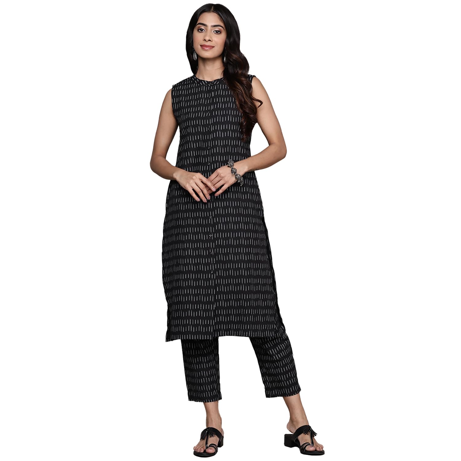 Anubhutee Women'S Cotton Blend Printed Black Straight Kurta Suit Set With Pants