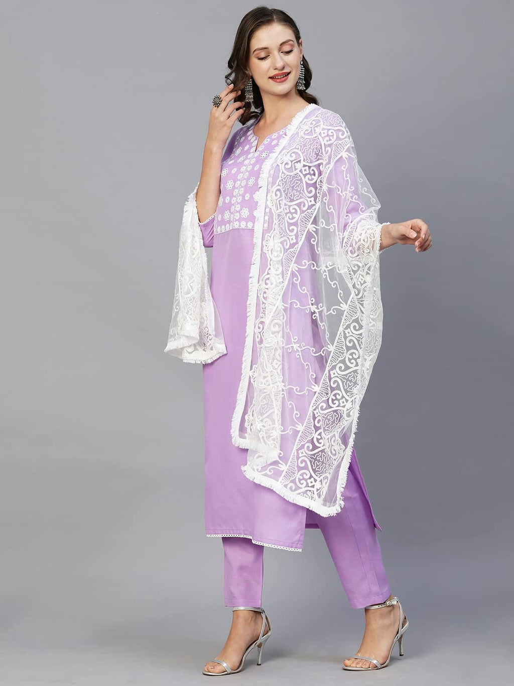 Anni Designer Women'S Cotton Blend Straight Solid Kurta With Pant & Dupatta (Edda-Purple)