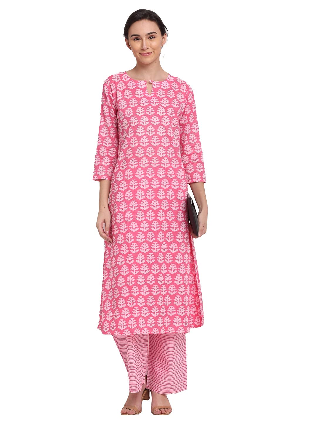 ANNI DESIGNER Womens Cotton Printed Straight Kurta with Palazzo (MAJVI Pink_M_Pink_Medium)