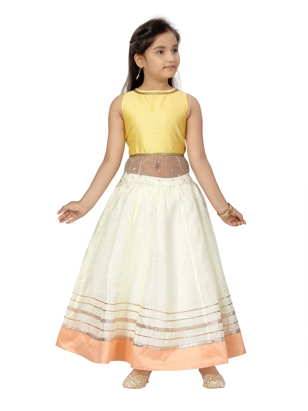 Aarika Girls Silk Lehenga Choli Set (LCH-22117_Yellow-Cream_5-6 Years)