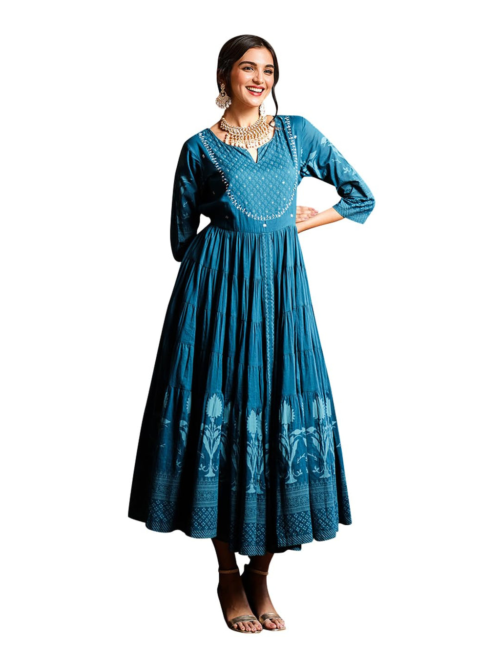 Ishin Teal Floral Printed Embellished Anarkali Dress With Tie-Up