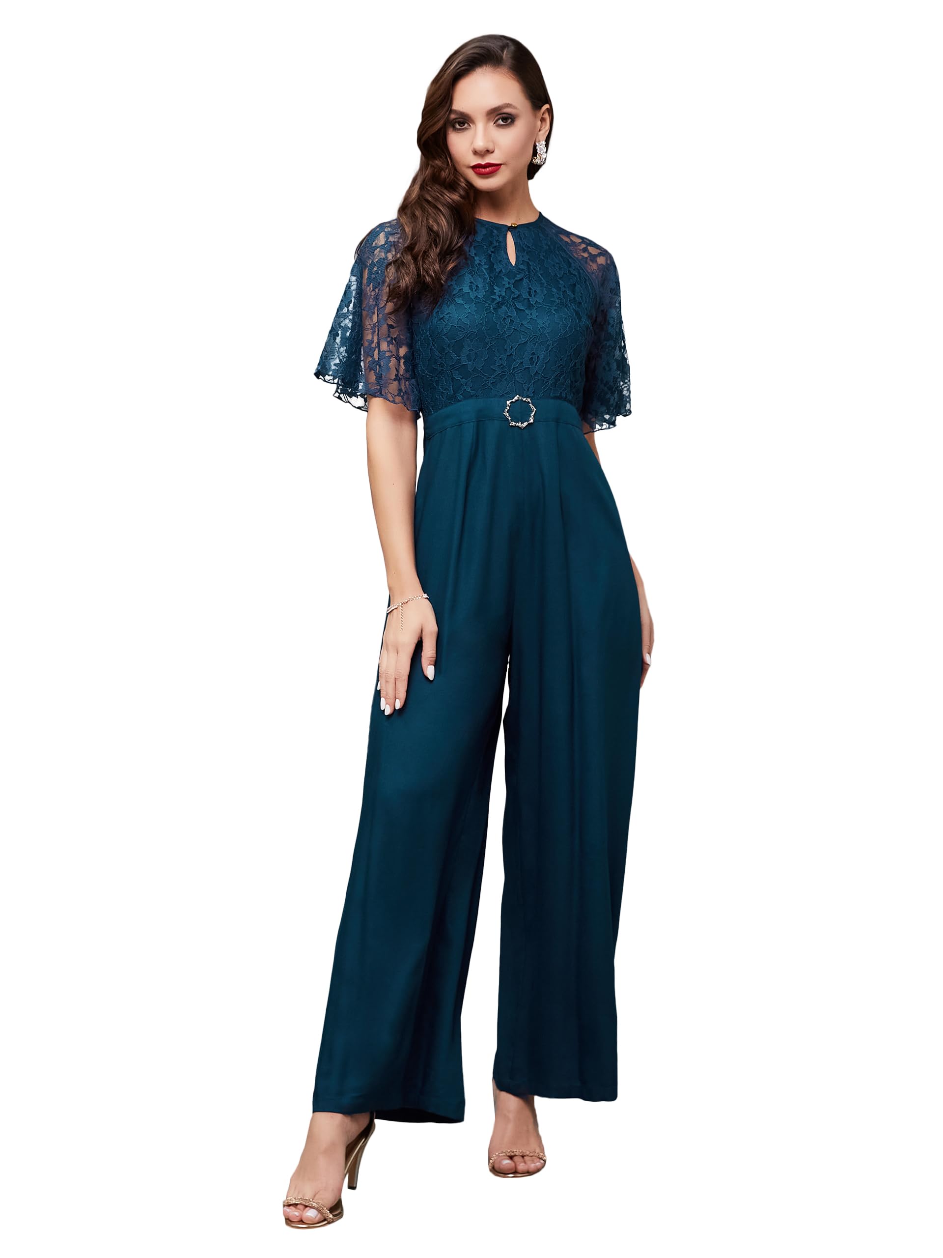 Miss Chase Womens Teal Round Neck Flared Sleeve Floral Raglan Regular Jumpsuit (MCSS25D93-85-83-06, Teal, XL)