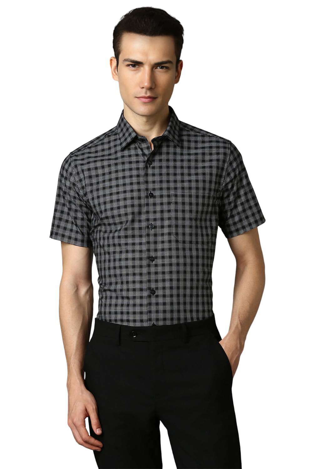Louis Philippe Men Black Slim Fit Check Half Sleeves Formal Shirt