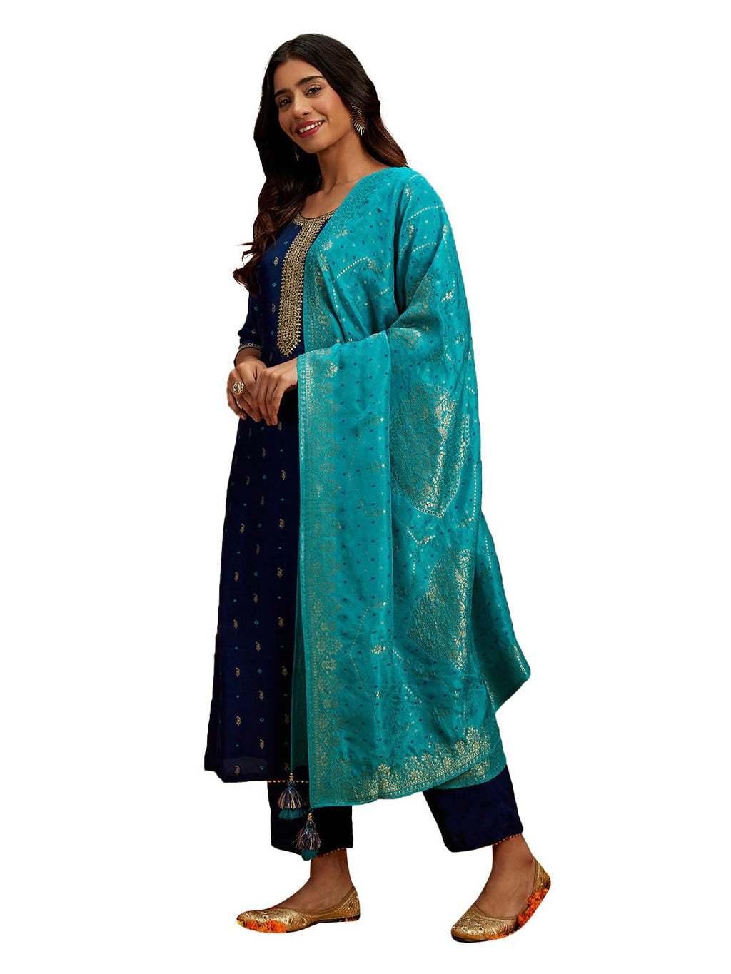 Libas Womens Printed Silk Straight Kurta With Trousers and Dupatta