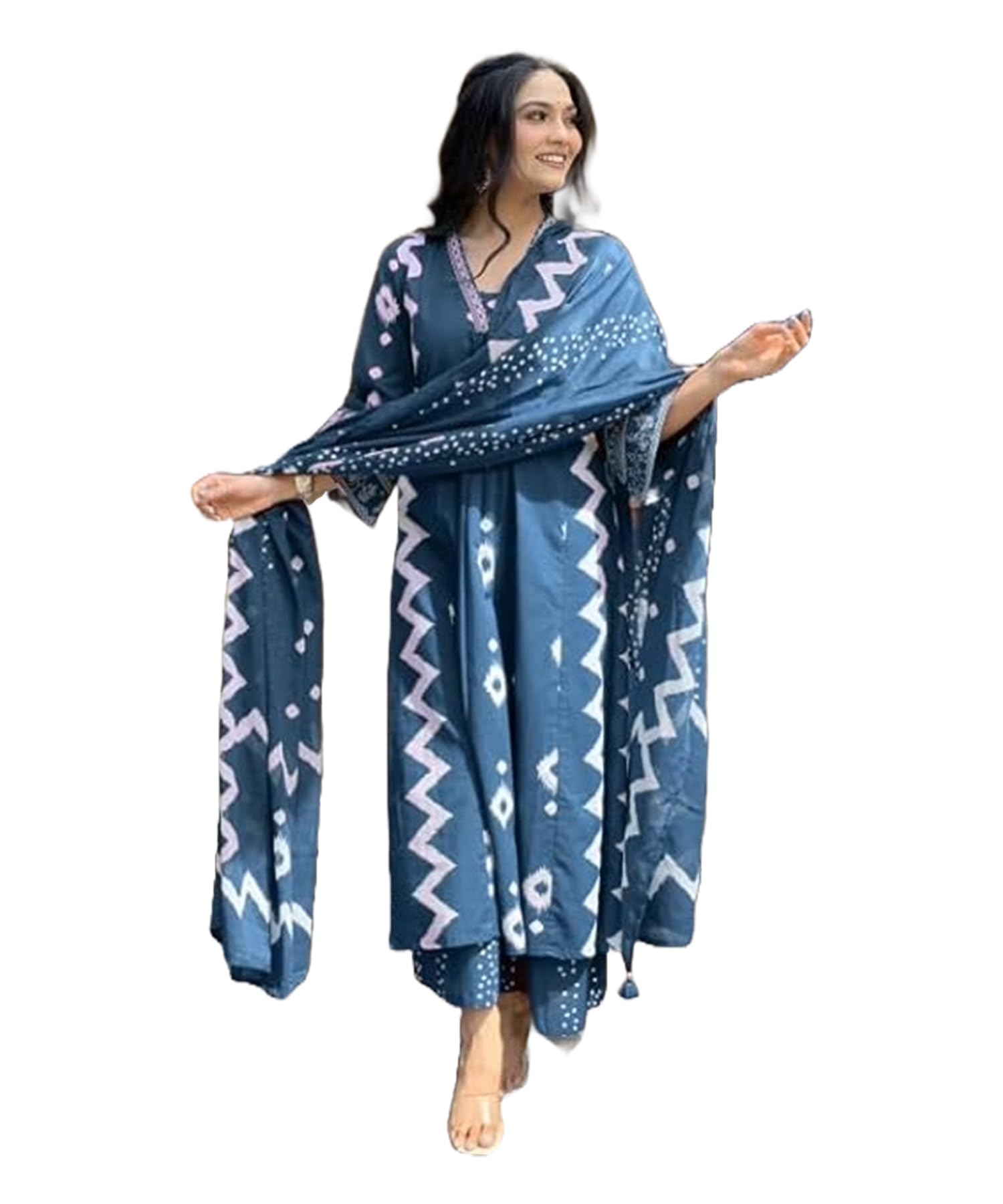 Lookmark WomenS Cotton Blend Zigzag And Dotted Print Kurta Plazzo Set With Dupatta Suitable For Every Indian Occasion (Az-Lm-Og