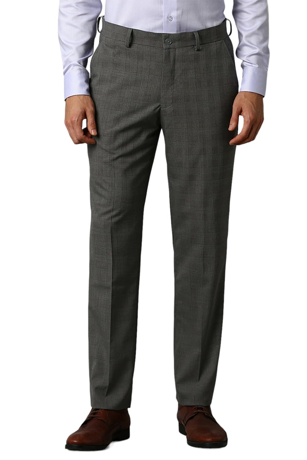 Louis Philippe Men Grey Slim Fit Check Flat Front Formal Trousers