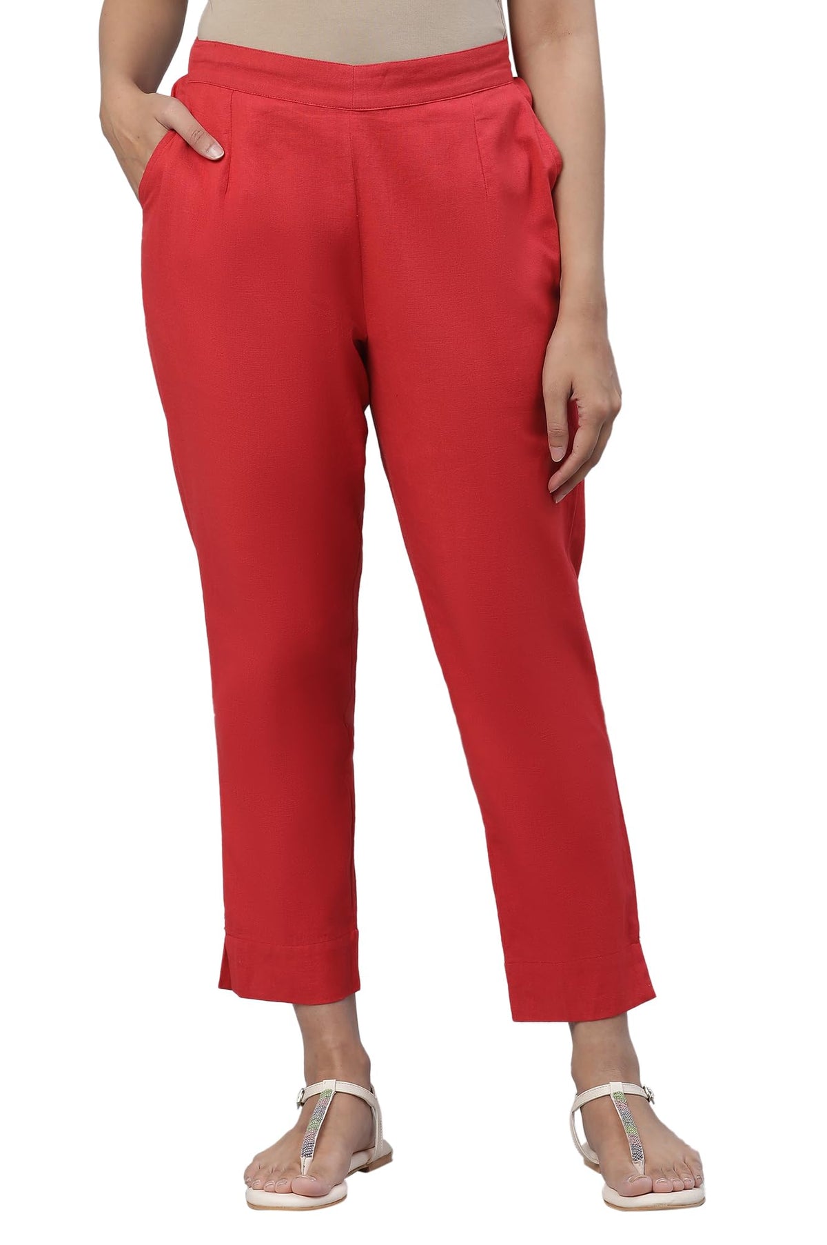 Aurelia WomenS Red Cotton-Blend Solid Regular Trousers