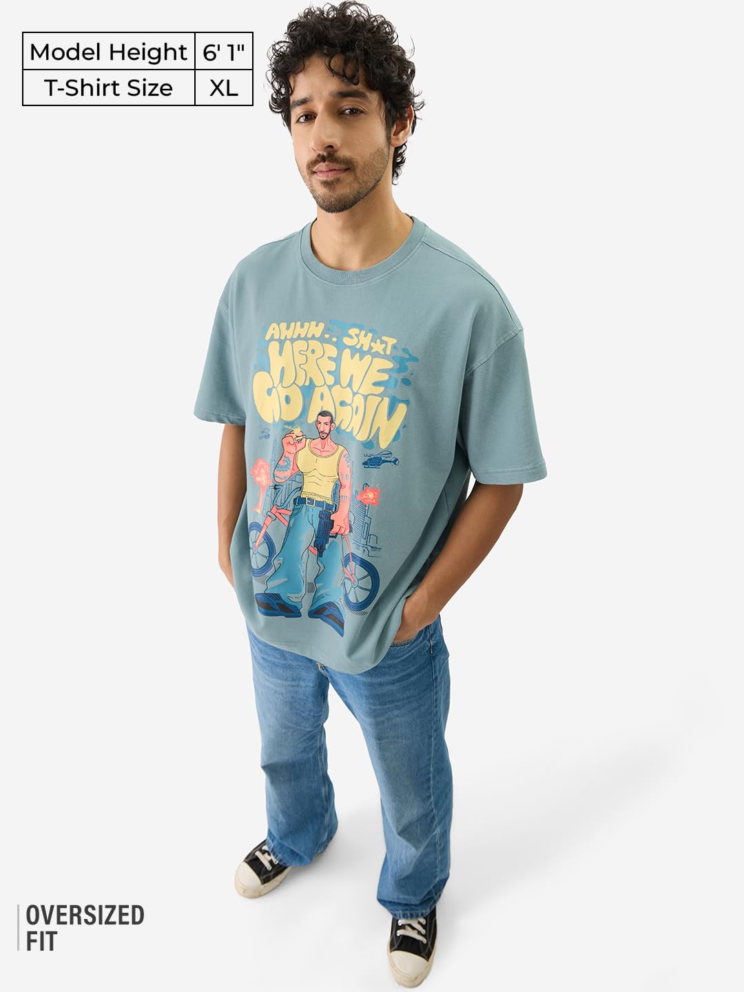 The Souled Store Here We Go Again Short Sleeve Round Neck Green Graphic Printed Cotton Oversized T-Shirts for Men and Boys- Tren