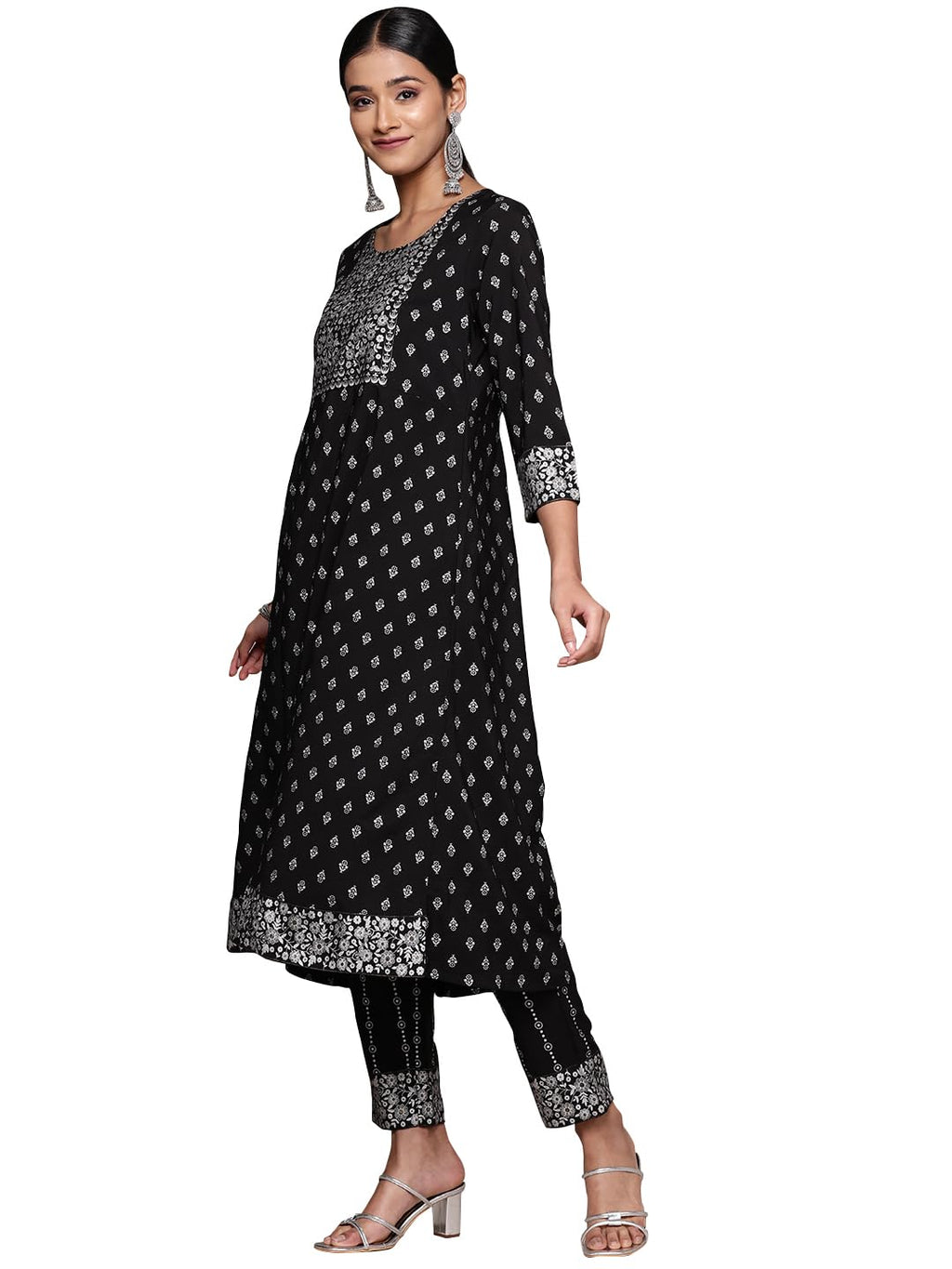 Ziyaa Women'S Black Crepe Kurta, Pant And Dupatta Set