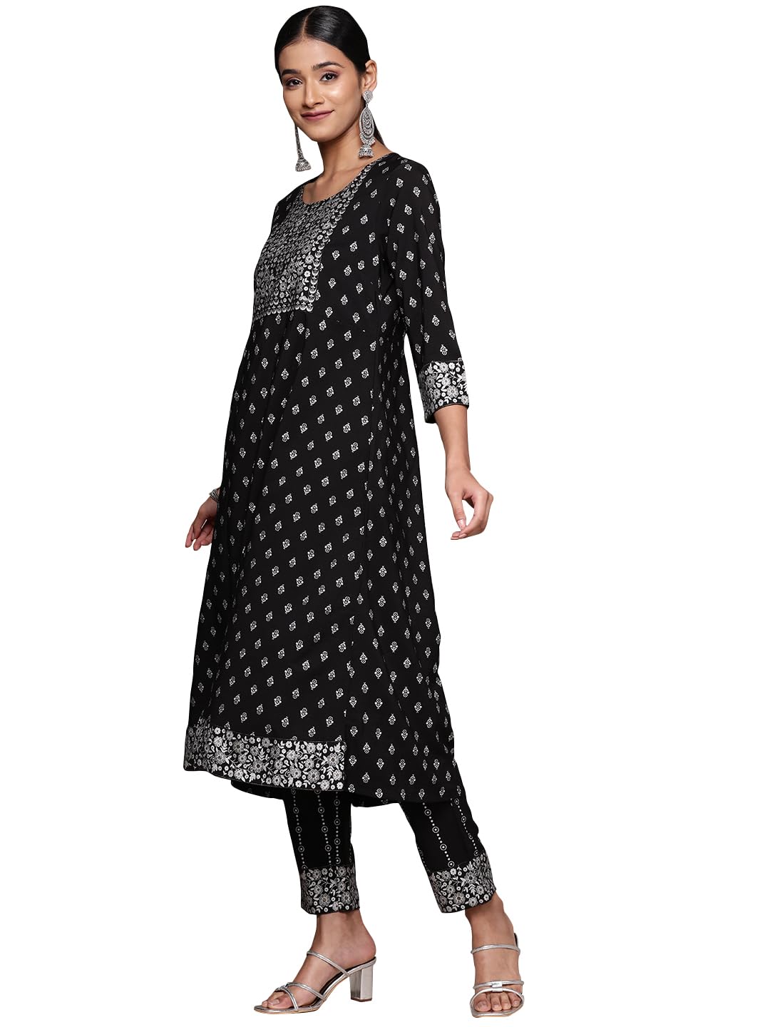 Ziyaa Women'S Black Crepe Kurta, Pant And Dupatta Set