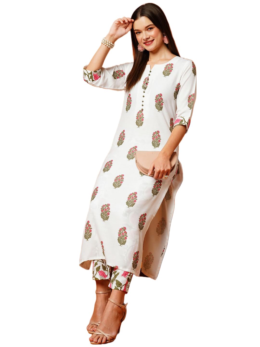 ANNI DESIGNER Womens Cotton Blend Printed Straight Kurta with Pant (Parthi White_XXL_White_XX-Large)