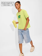 The Souled Store Trash Opinion Women and Girls Short Sleeves Round Neck Green Embroidered Patch Cotton Oversized T-Shirts