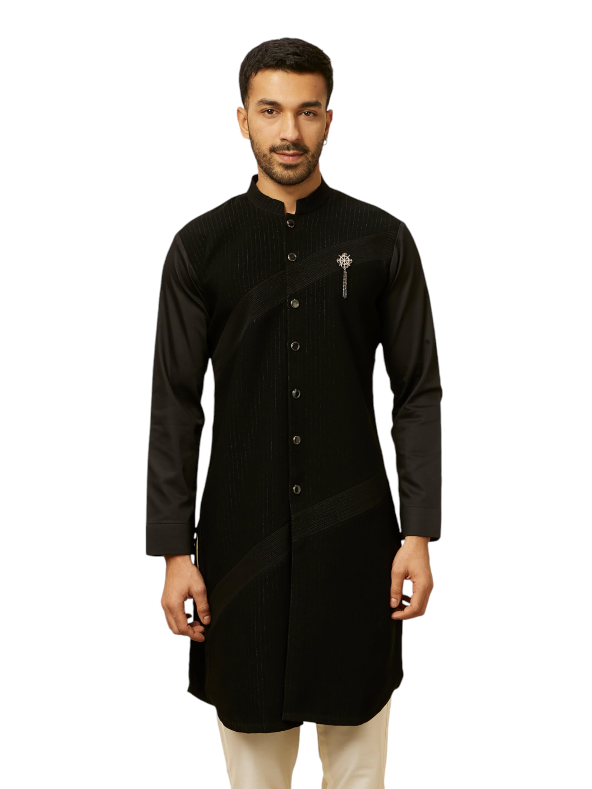 Manyavar MenS Black Striped Patterned Kurta (Xl)