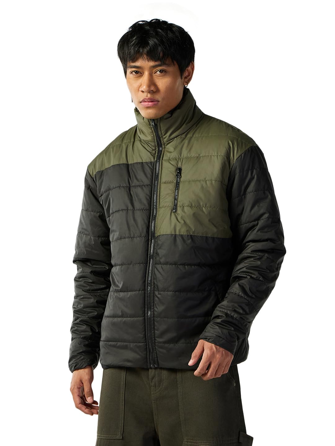 Bewakoof Mens Color Block Oversized Fit Full Sleeve High Neck Nylon Jacket_642562_Black_L
