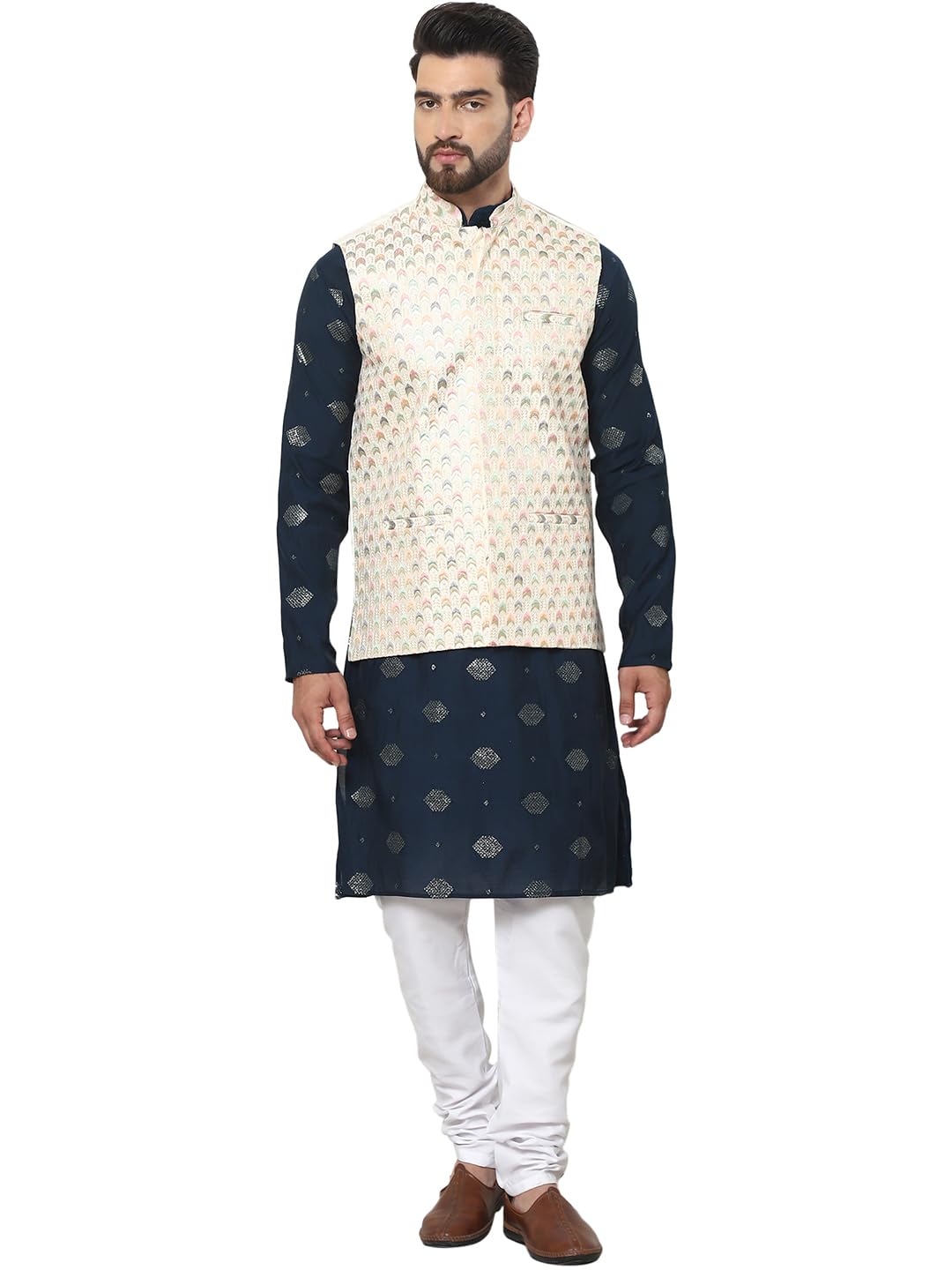 SOJANYA (Since 1958 Mens Cotton Silk Embroidered Navy Kurta and White Pyjama with Designer Cream Nehru Jacket