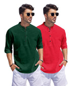 Hemrin Combo Of Men Solid Cotton Blend Straight Kurta Shirt Pack Of 2