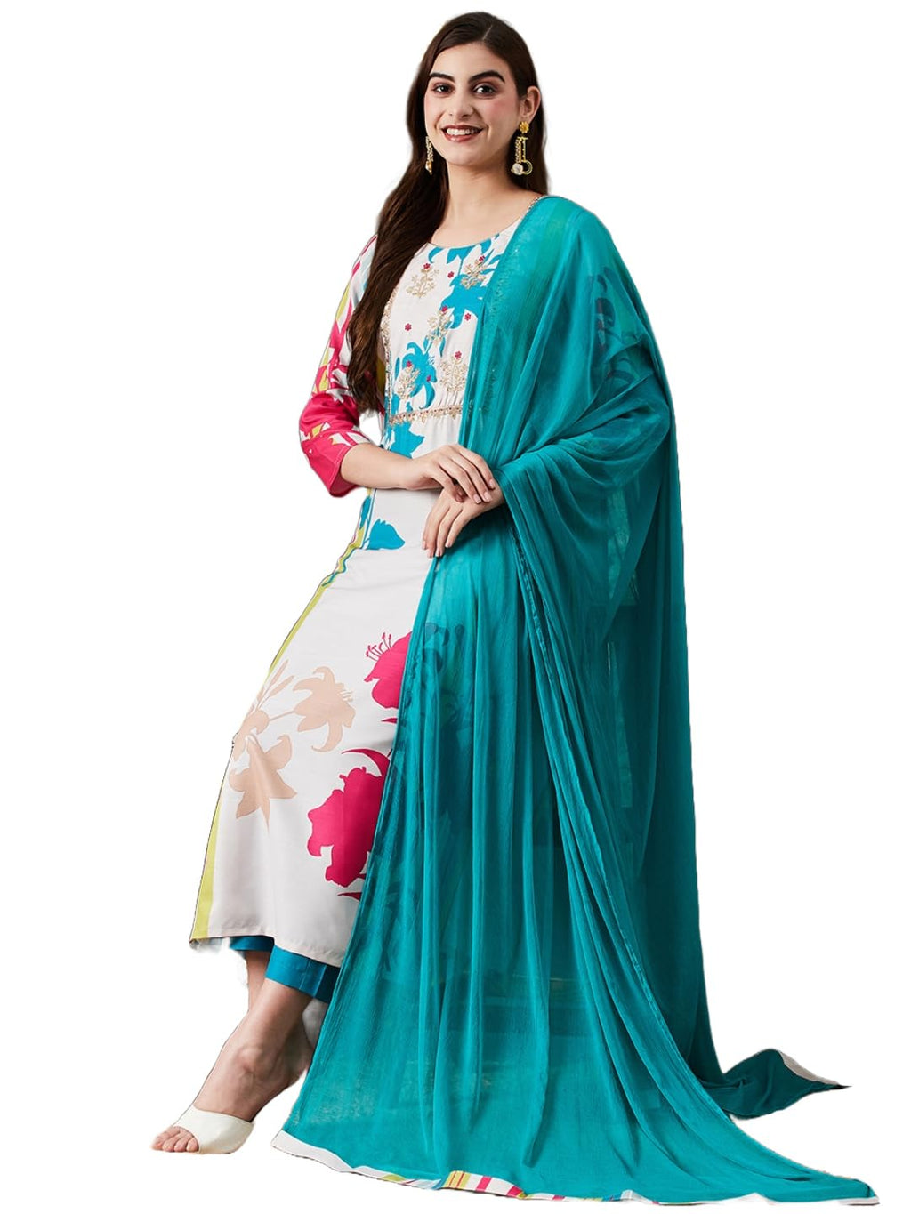 ANNI DESIGNER Womens Cotton Blend Straight Printed Kurta with Pant & Dupatta (HIBIKI Cream_XL_Cream_X-Large)