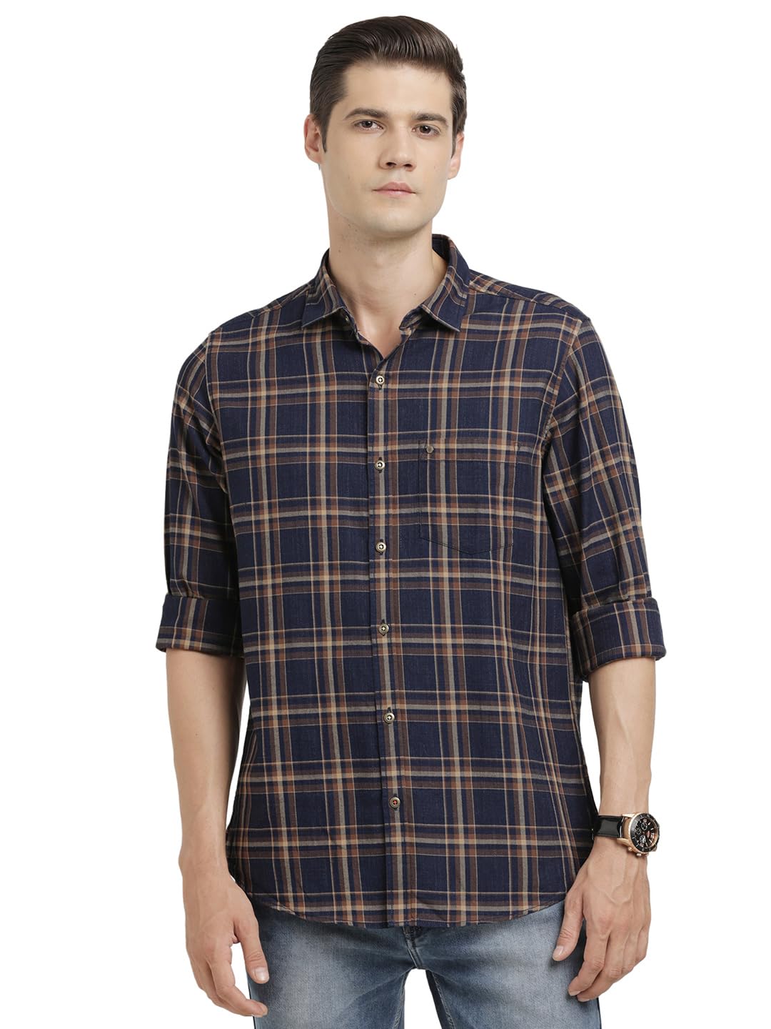 Turtle Men 100% Cotton Indigo Slim Fit Navy Checkered Casual Shirt