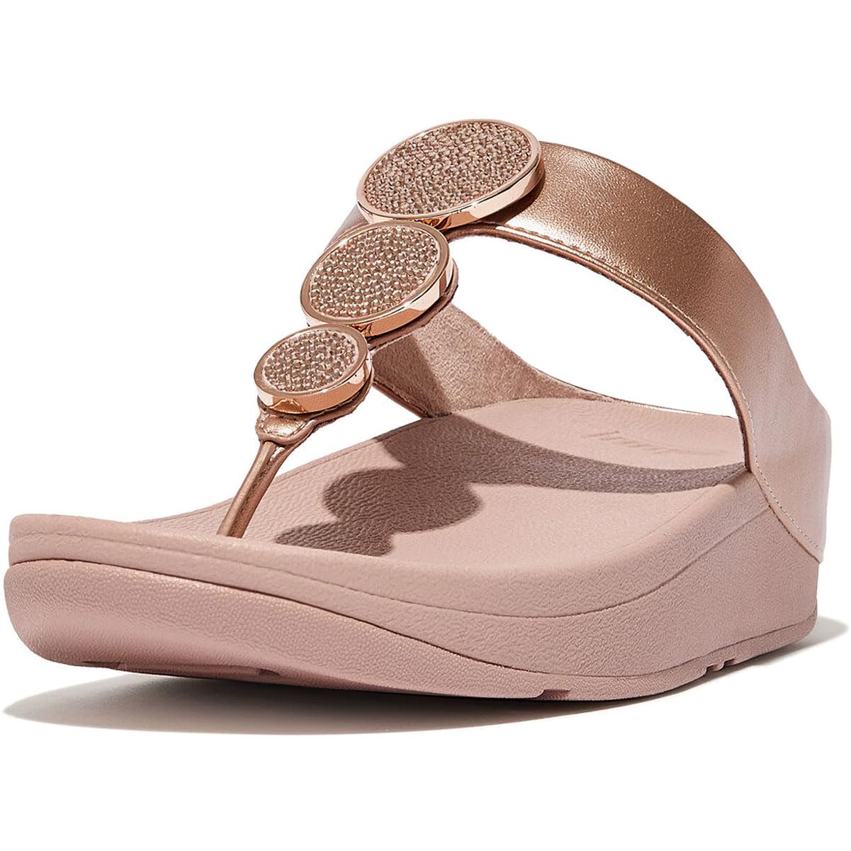 FitFlop Women's Halo Bead-Circle Metallic Toe-Post Sandals Wedge, Rose Gold, 7