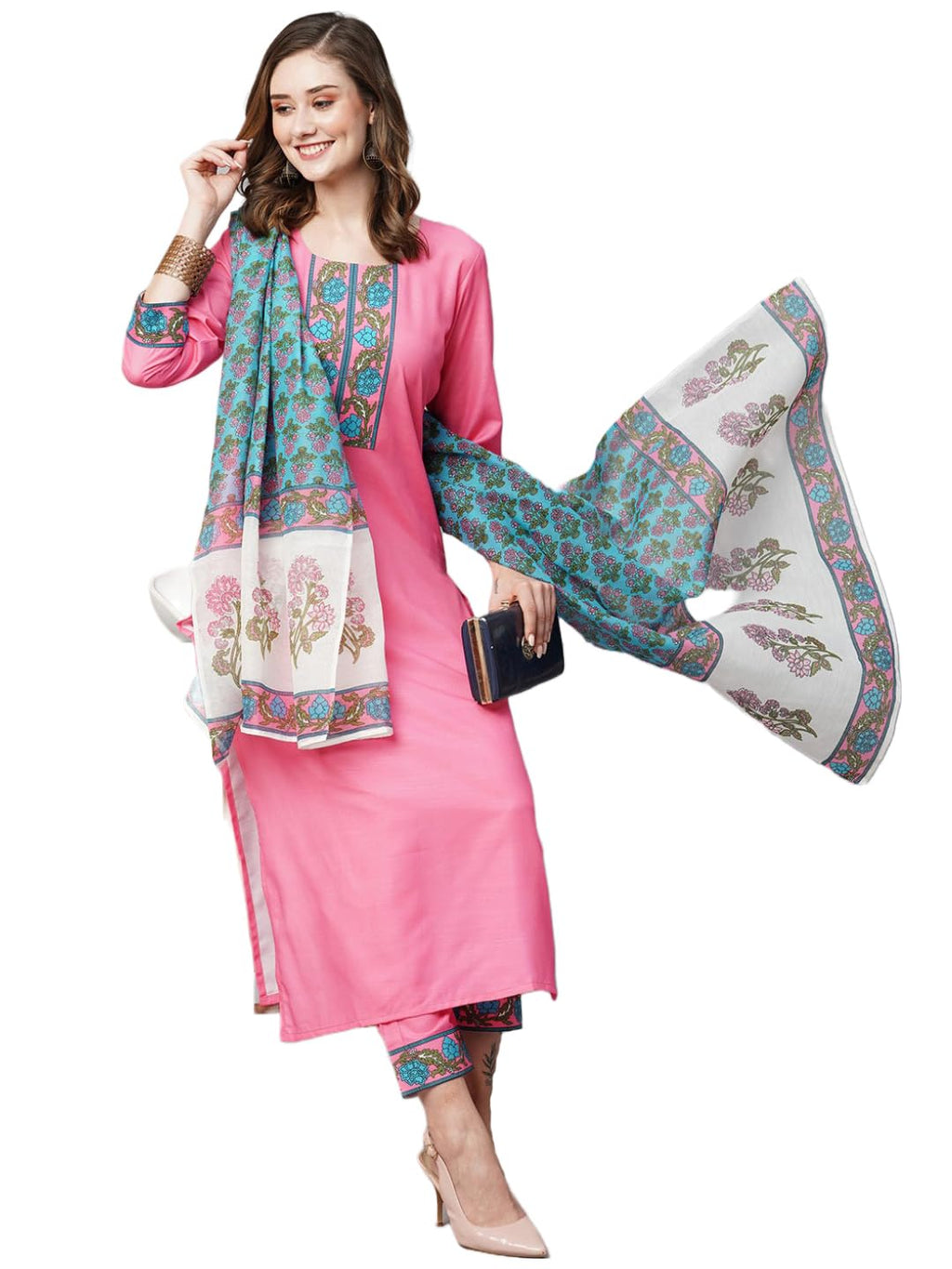 Gosriki Women'S Cotton Blend Straight Printed Kurta With Pant & Dupatta (Nidhivan Pink-Nw-Gs_S_Pink_Small)