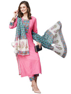 Gosriki Women'S Cotton Blend Straight Printed Kurta With Pant & Dupatta (Nidhivan Pink-Nw-Gs_S_Pink_Small)