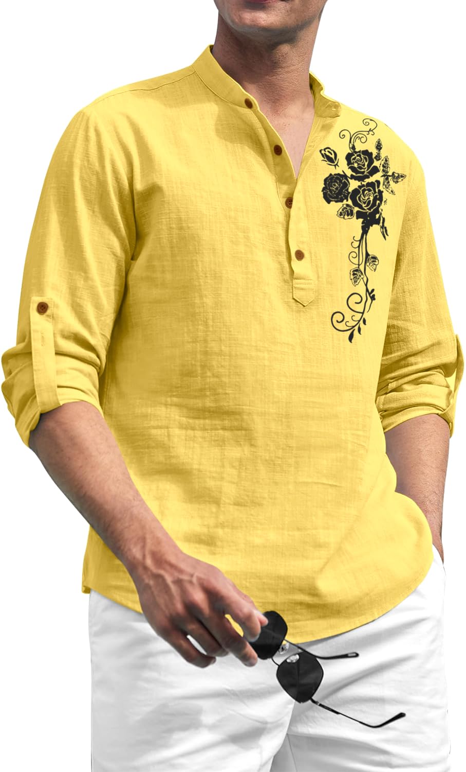 Zombom MenS Cotton Blend Mandarin Collar Self One Design Printed Full Sleeve Casual Short Kurta Shirt Yellow