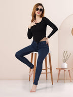 Fabme WomenS Full Sleeves, Square Neck Stylish Rib Crop Top - Black
