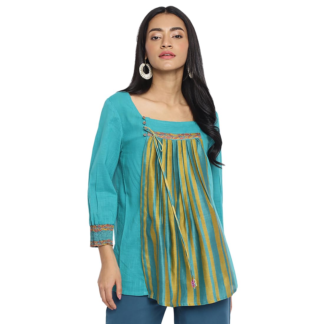 Fabindia WomenS Striped Slim Fit Short Kurta (2106487Turquoise_Turquoise