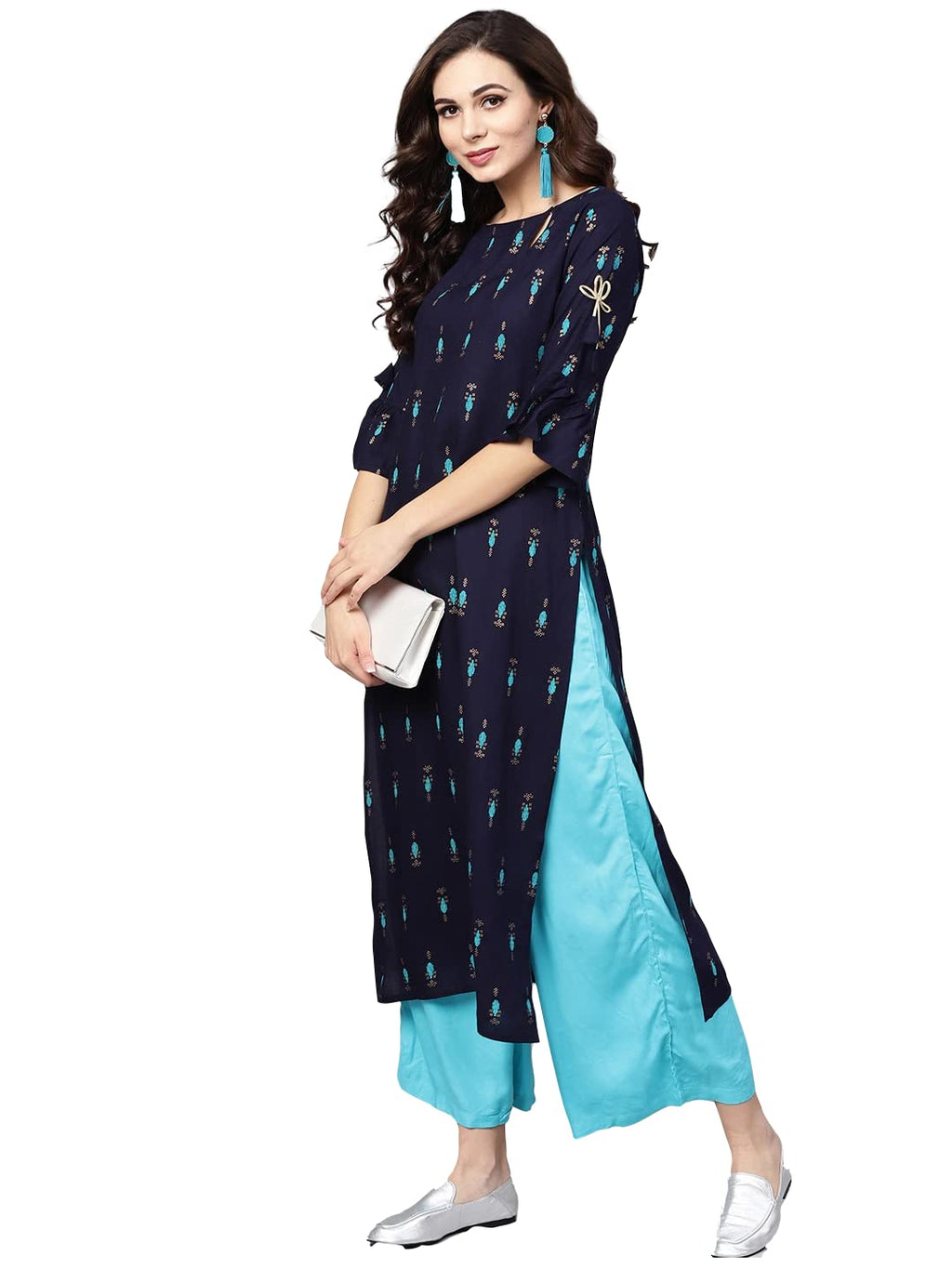 ANNI DESIGNER Women's Cotton Blend Printed Straight Kurta with Palazzo (Sidda Blue_S_Navy Blue_Small)
