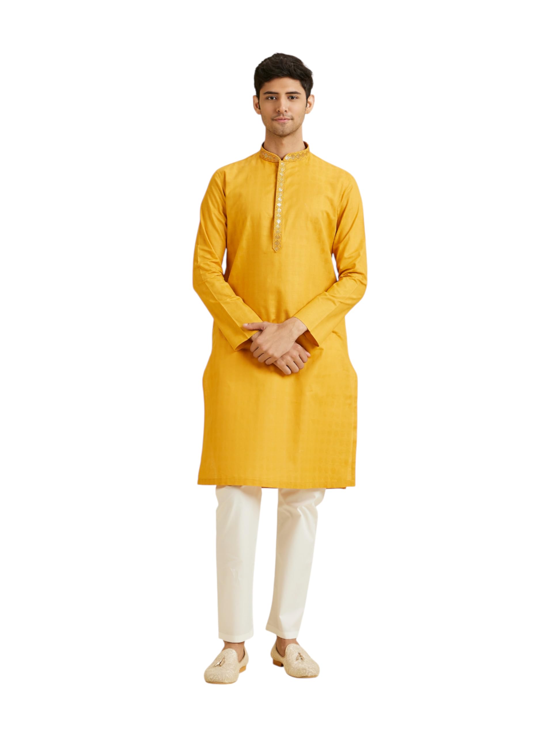 Manyavar Mens Cotton Sequinned Neckline Solid Kurta Pyjama Set(Mustard,XXL)