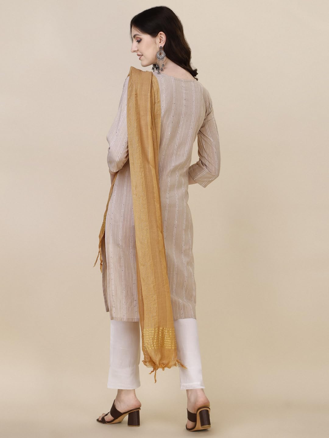 Fashion Basket Women Cotton Striped Printed Kurta Set With Pant & Dupatta (Large, Beige)