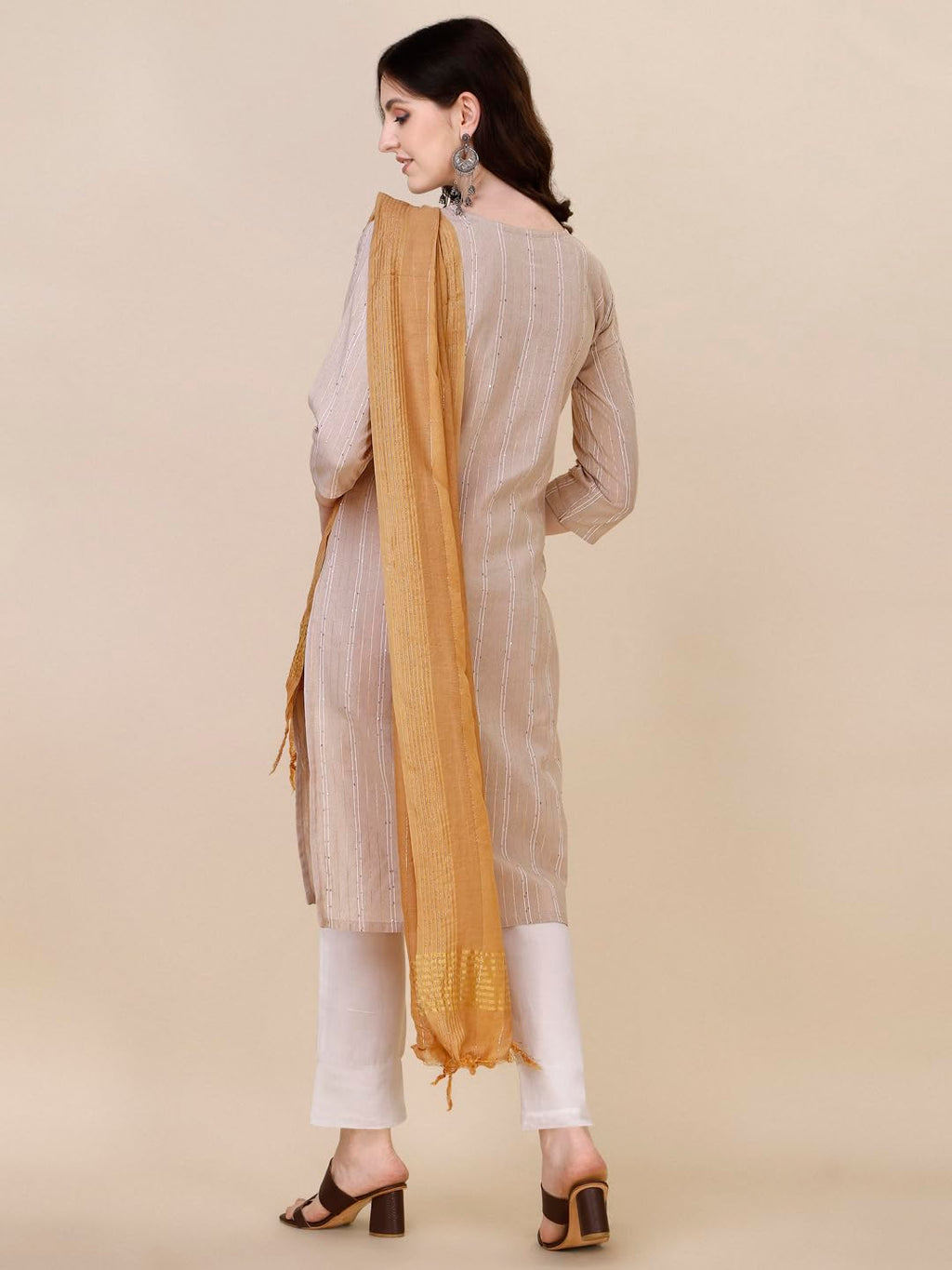 Fashion Basket Women Cotton Striped Printed Kurta Set With Pant & Dupatta (Small, Beige)