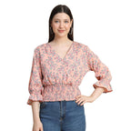 Toochki Womens Peach Cotton Blend Floral Cinched Waist Western Top | Winter Top | Western Top | Top for Women | Latest Women To