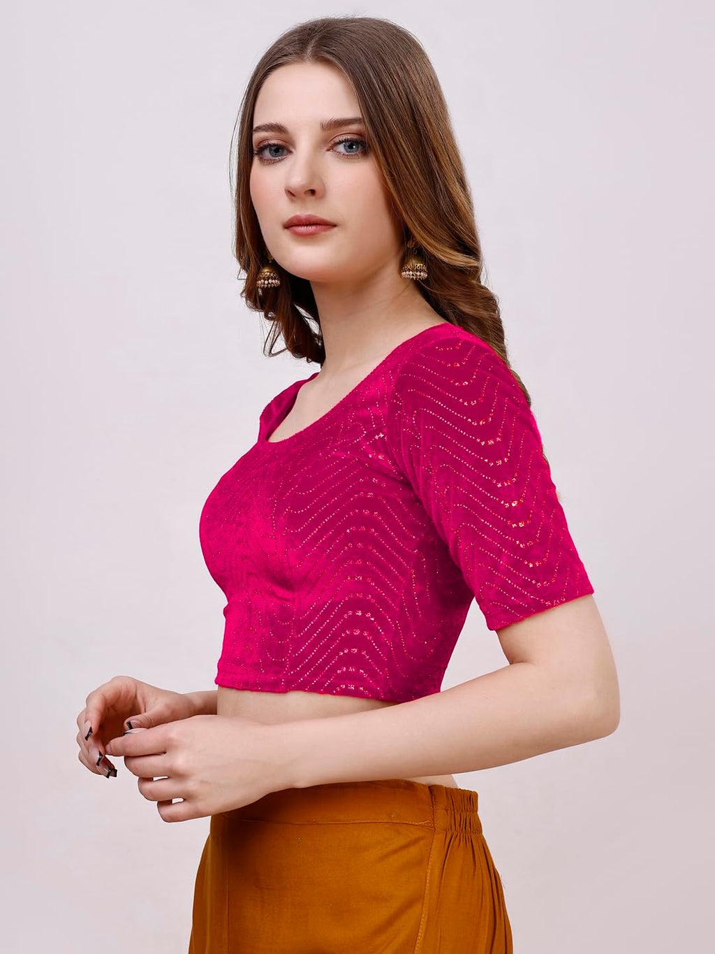 Pujia Mills WomenS Readymade Hosiery Velvet Lycra Stretchable Round Neck Half Sleeve Blouse With Jari Work Fancy Pink Color Lyc