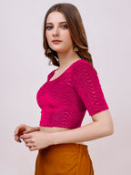 Pujia Mills WomenS Readymade Hosiery Velvet Lycra Stretchable Round Neck Half Sleeve Blouse With Jari Work Fancy Pink Color Lyc