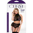 Womens Plus Size High Waisted Halter Lace Gartered Bra and Panty Set Black