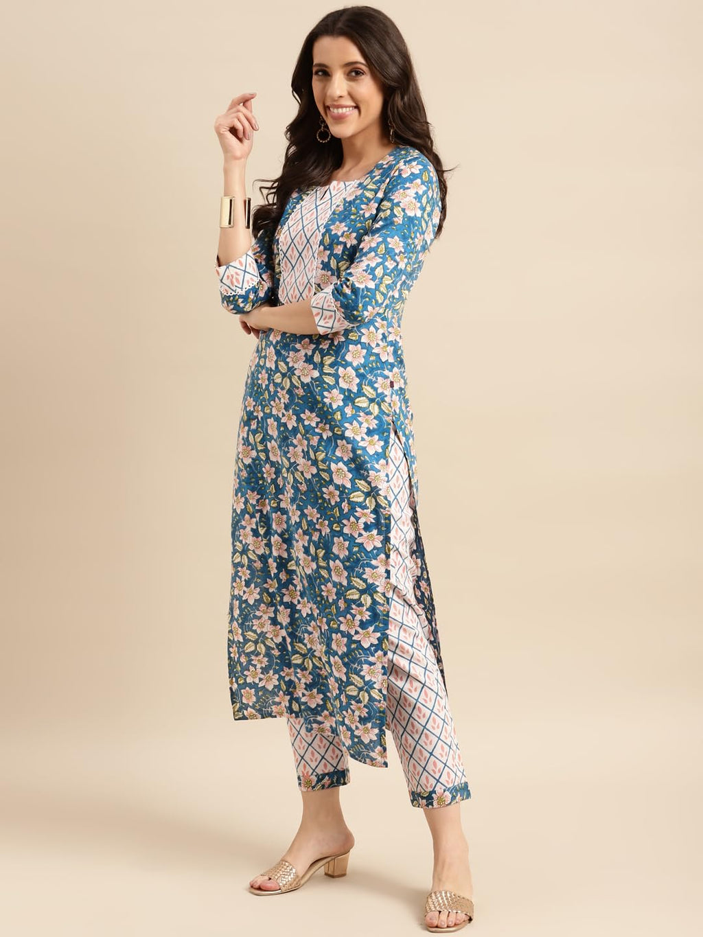 Anni Designer Women'S Cotton Blend Straight Printed Kurta With Pant & Dupatta (Kuntu Blue-Nwg_L_Blue_Large)