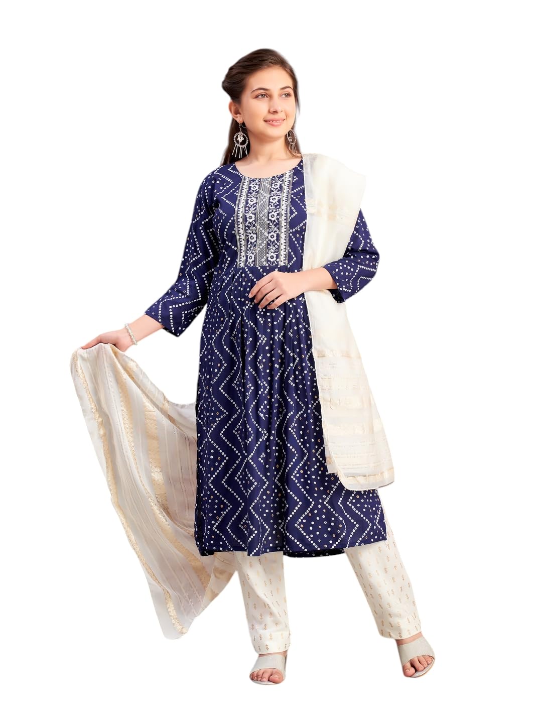 Aarika Girls Ethnic Wear Navy Blue Colour Bandhani Print Embroidey Rayon Kurti-8-15 Years (KURTI-TR-242)