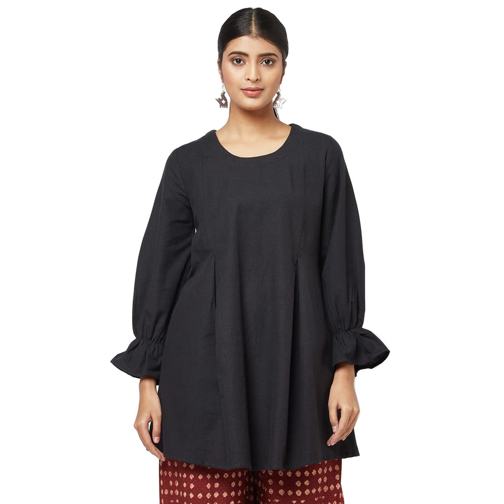 Fabindia Women Linen Flax Printed Tunic Cotton_L Black