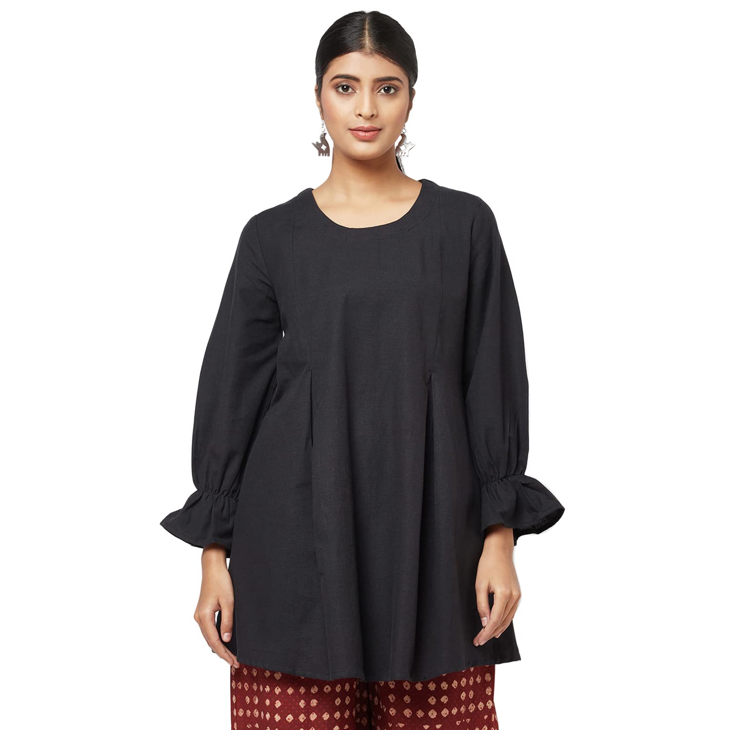 Fabindia Women Linen Flax Printed Tunic Cotton_L Black