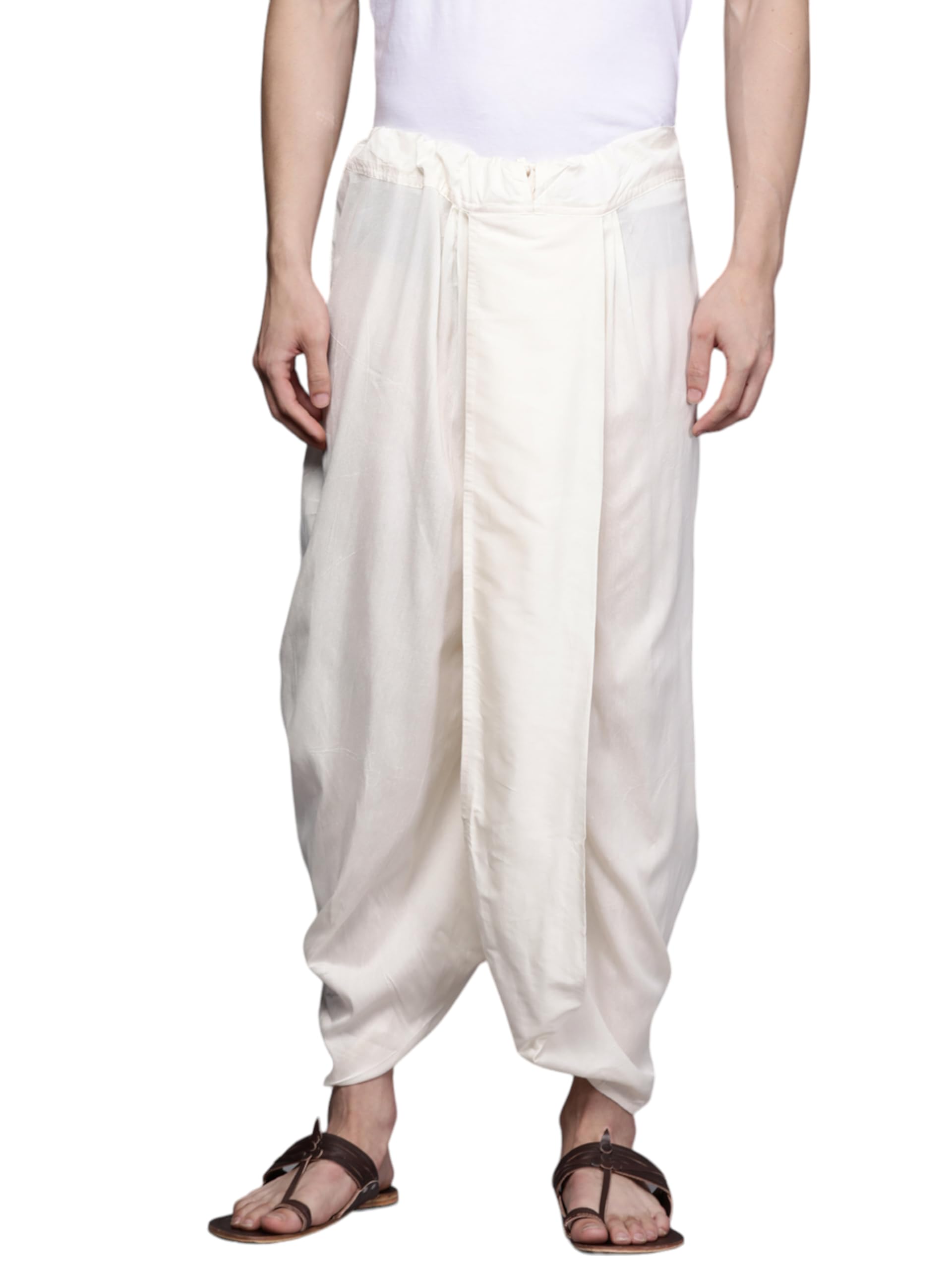 Manyavar Mens Cream Blended Viscose Solid Dhotis