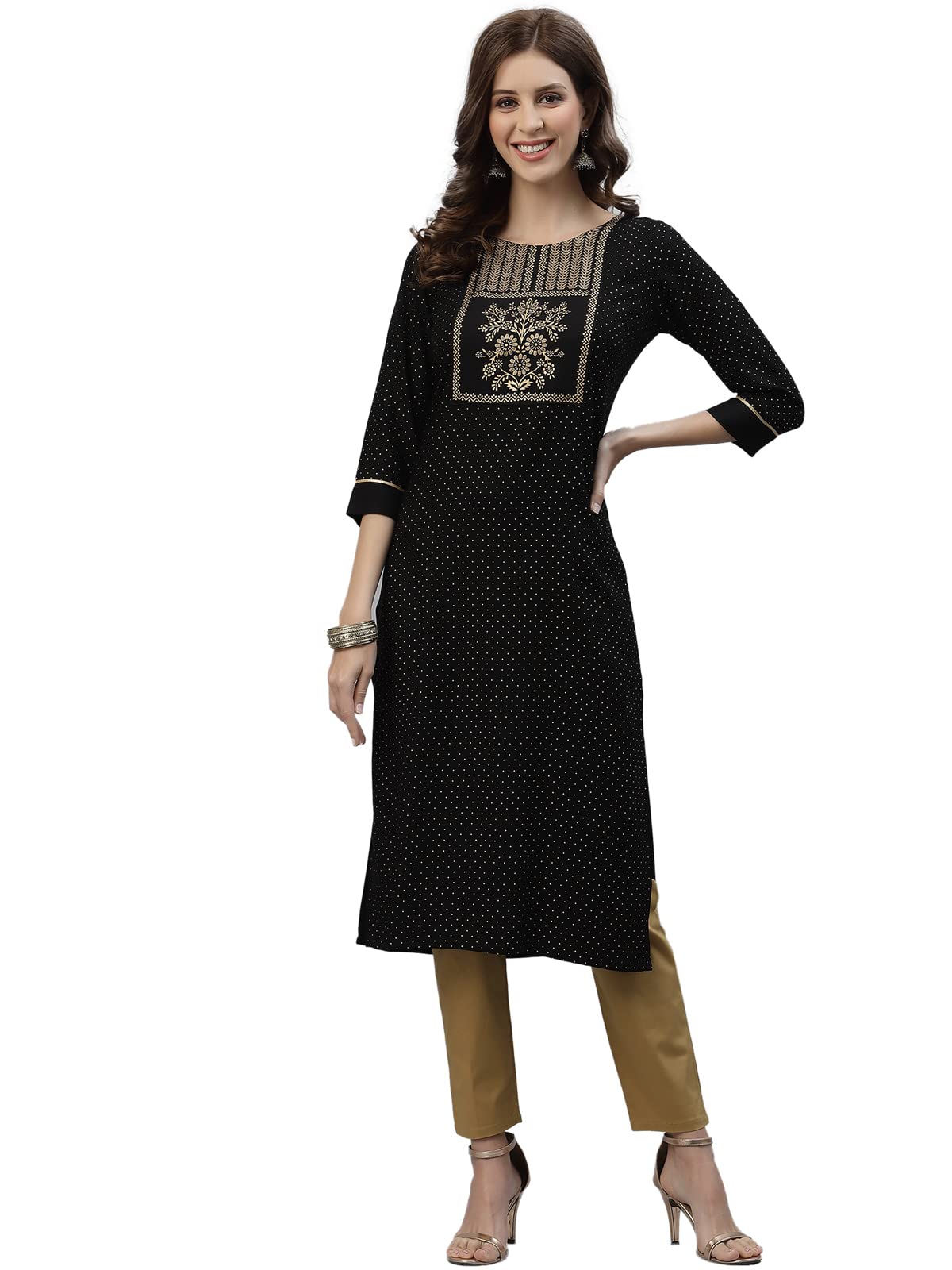 Sanisa Foil Printed Rayon Kurta (406Kn3084-L_Black)