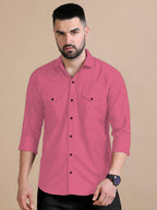 Rebelify MenS Cotton Blend Shirt With Pockets Full Sleeves Collared Neck Solid Pattern Botton Down Closure Relaxed Fit And Stan