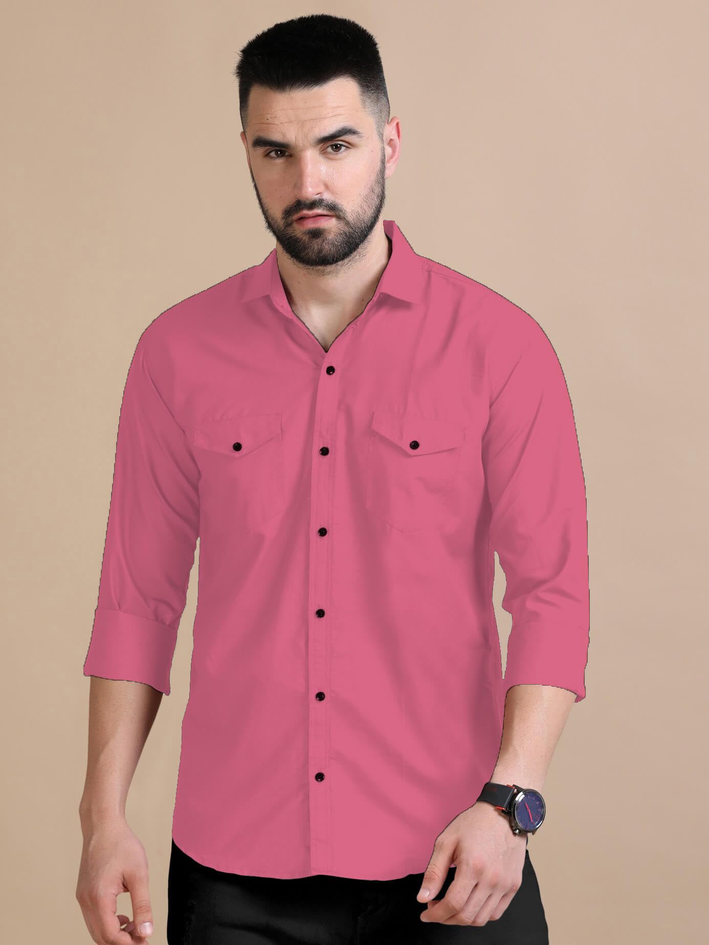 Rebelify MenS Cotton Blend Shirt With Pockets Full Sleeves Collared Neck Solid Pattern Botton Down Closure Relaxed Fit And Stan