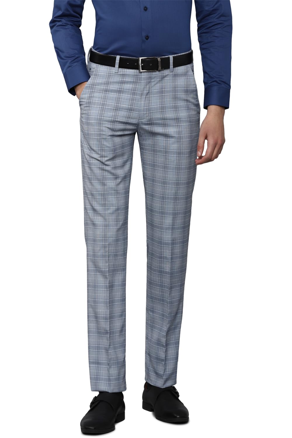 Louis Philippe Men Grey Slim Fit Check Flat Front Formal Trousers