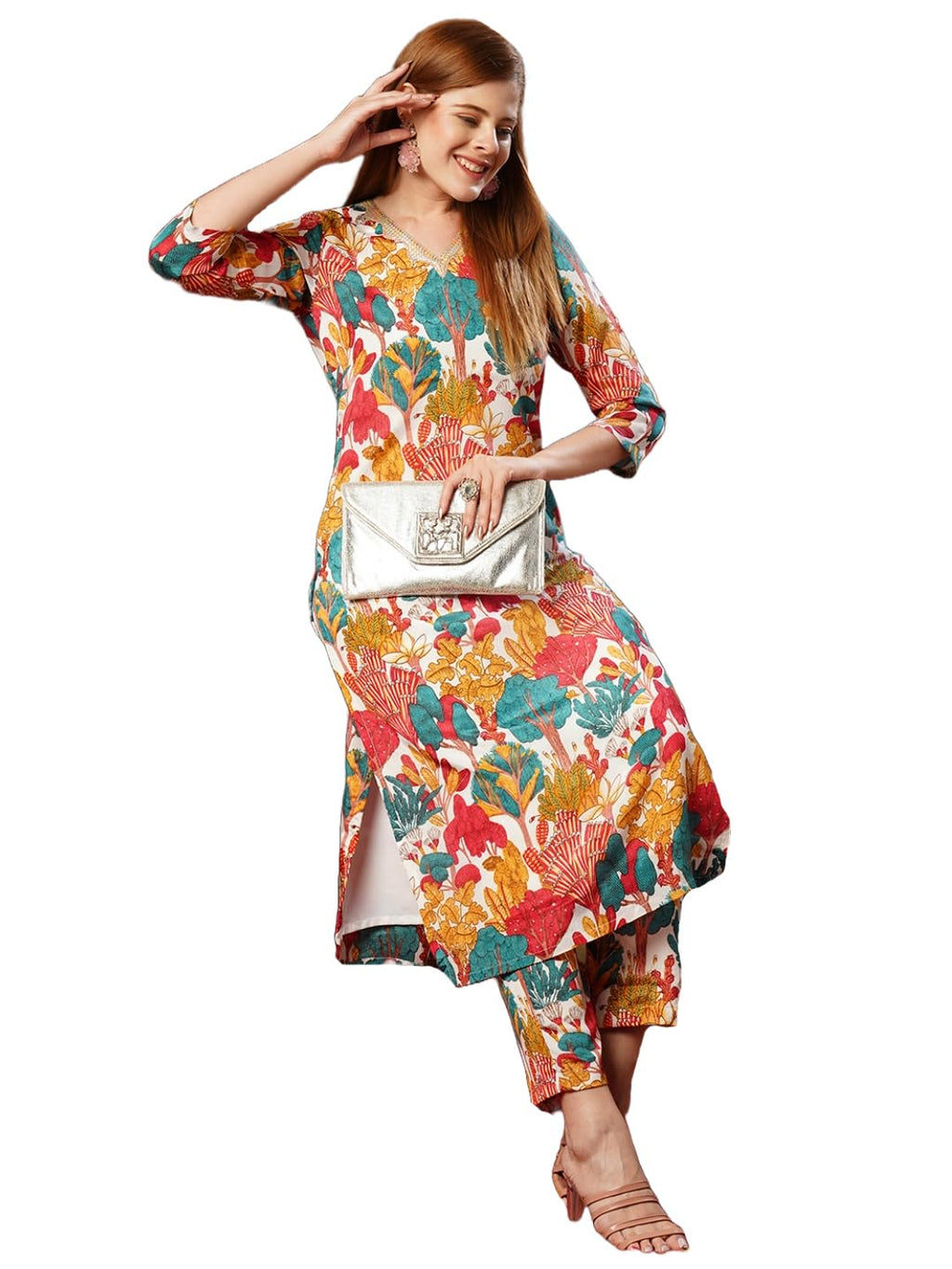 ANNI DESIGNER Women s Rayon Blend Kurta with Pants, white, XL