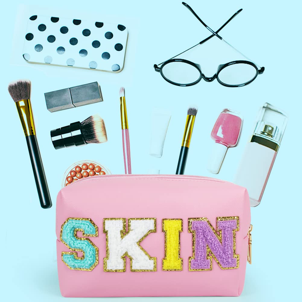 JOINDO Preppy Makeup Bag, Skin Makeup Bag,Chenille SKIN Letter Cosmetic Bag, PU Leather Skincare Toiletry Bag, Cute Travel Organ
